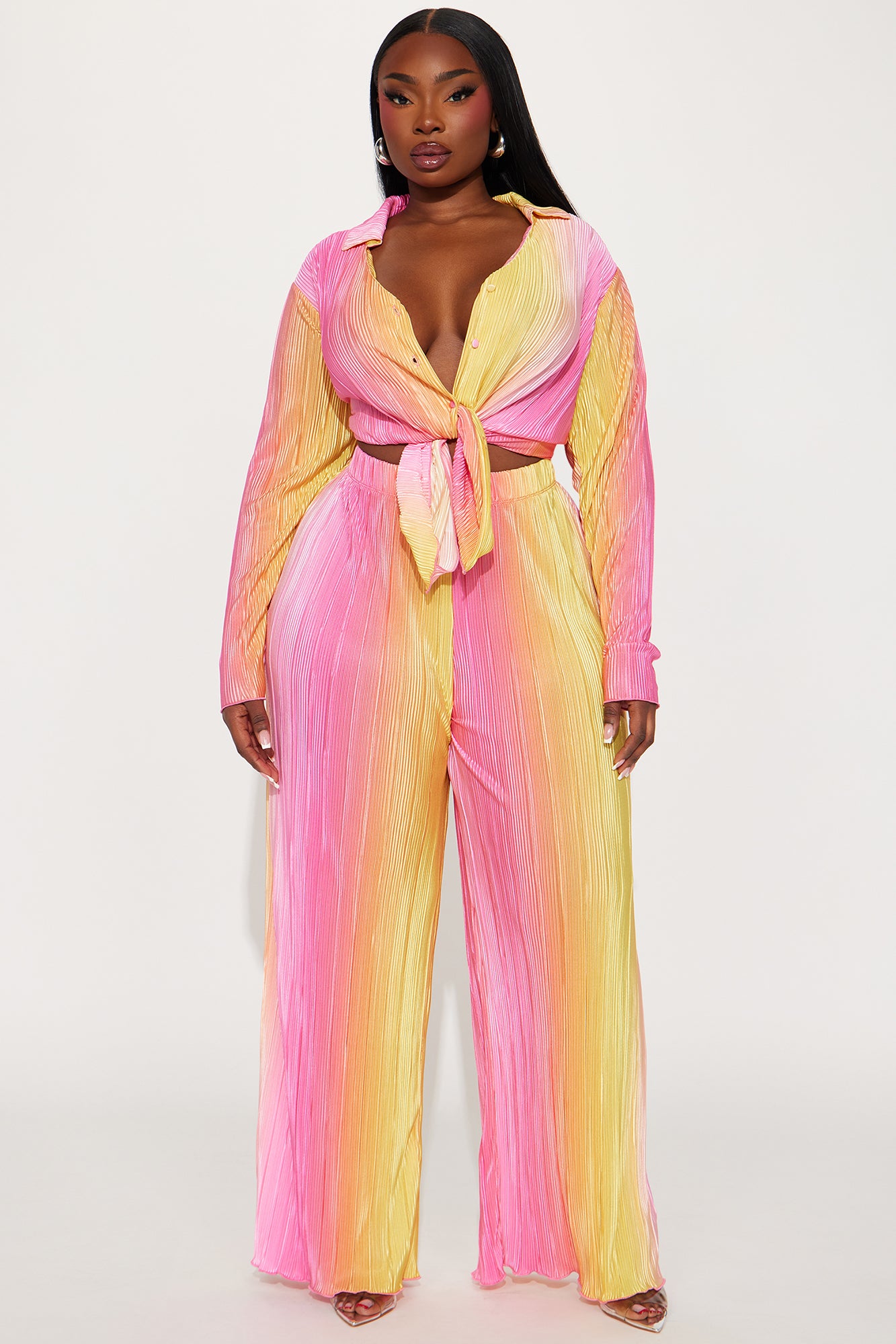 Isabel Shimmer Plisse Pant Set - Pink/combo