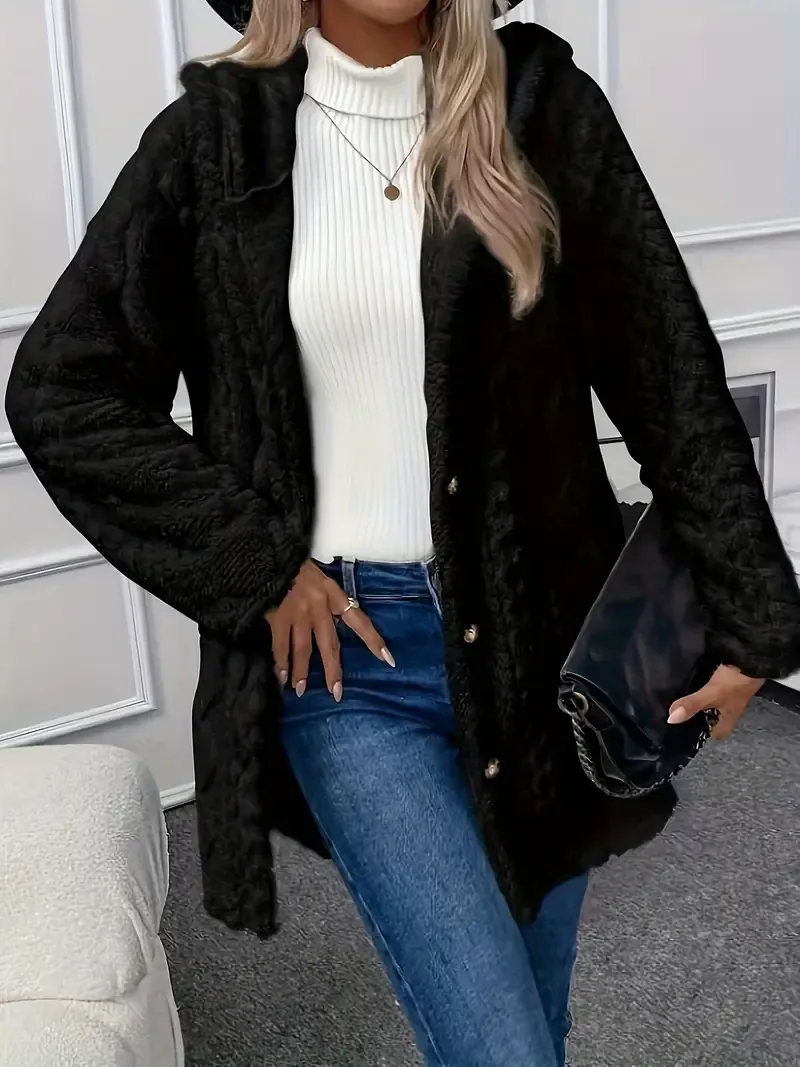 Luxurious Faux Fur Teddy Coat - Elegant Long Sleeve Split Side Hooded Outwear for Women - Soft, Warm, and Chic Winter Clothing