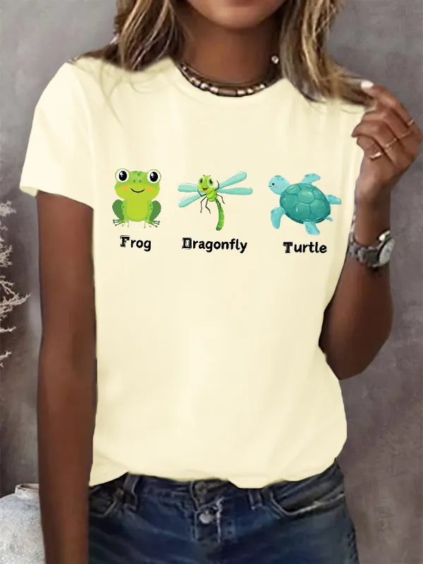 Women'S T-Shirt Women'S Frog Dragonfly Turtle Print Round Neck T-Shirt