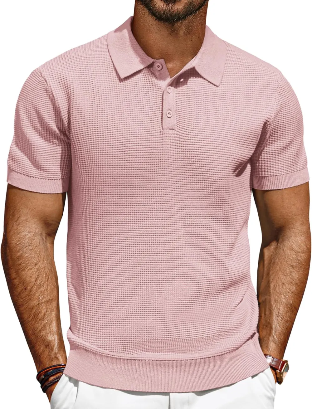 Knit Polo Shirts for Men Casual Short Sleeve Waffle Texture Polo Golf Shirt
