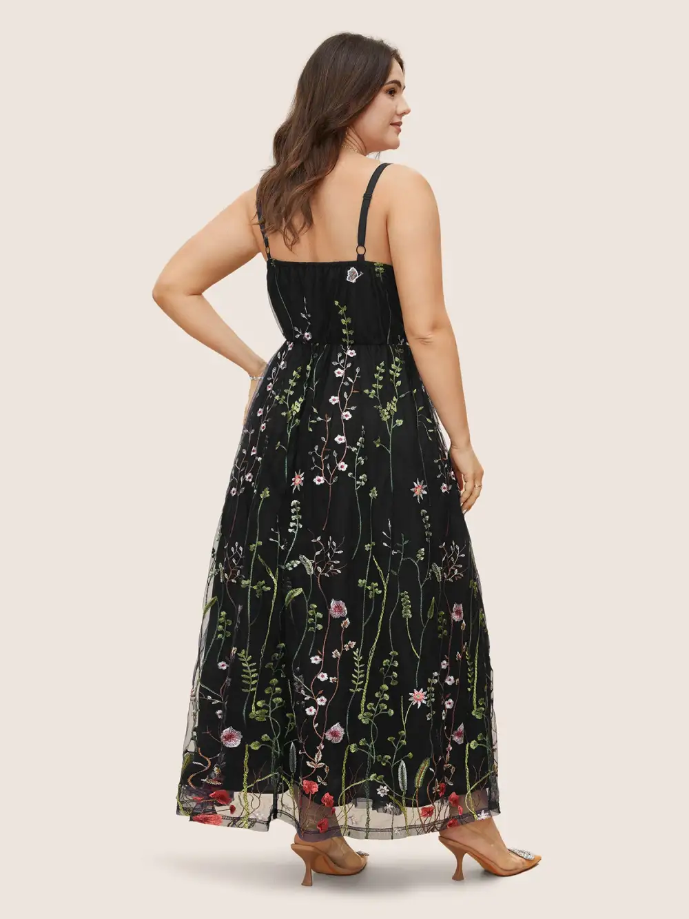 U Neck Floral Embroidered Mesh Cami Dress