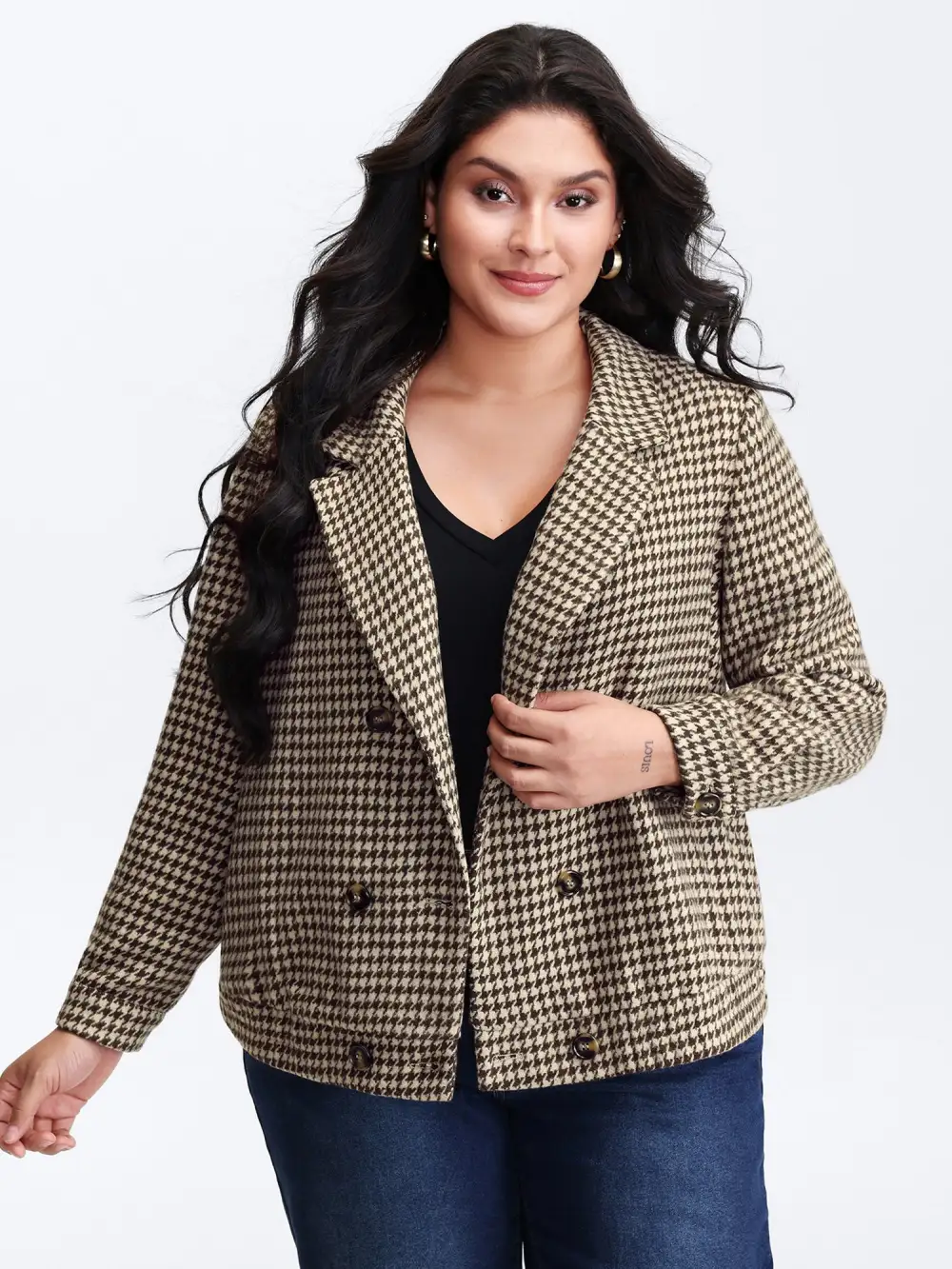 Houndstooth Fleece Pockets Button Jacket