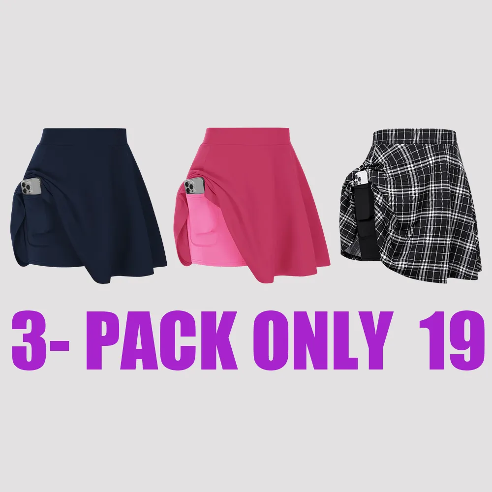 Women Plus Size Casual Mini Skater Skirt Elastic Lining High Waist Basic Flared Skorts Pleated with Pocket