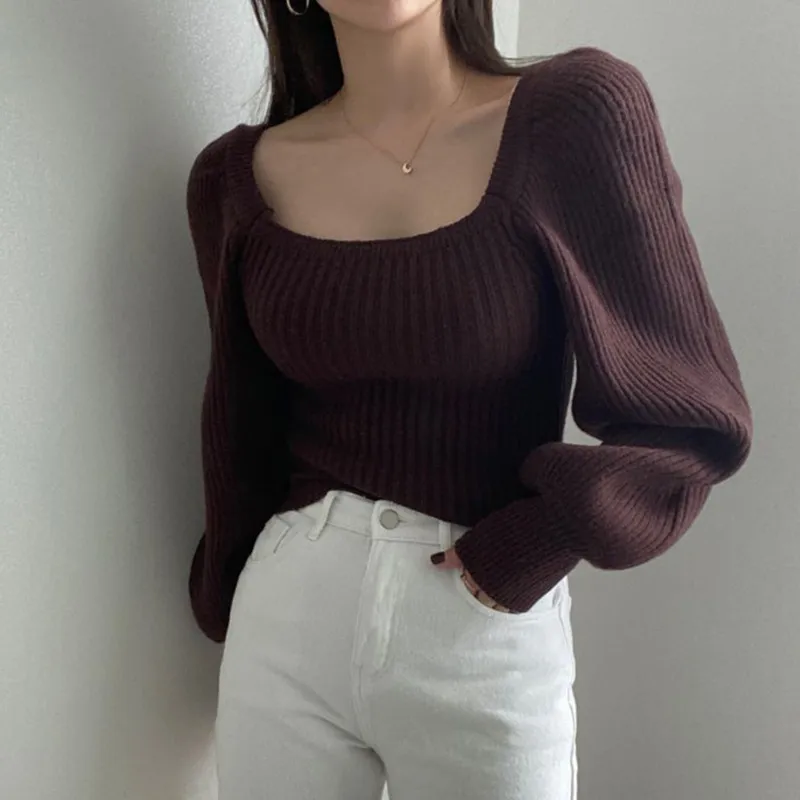 Plain Knit Top With Square Collar And Bubble Sleeves