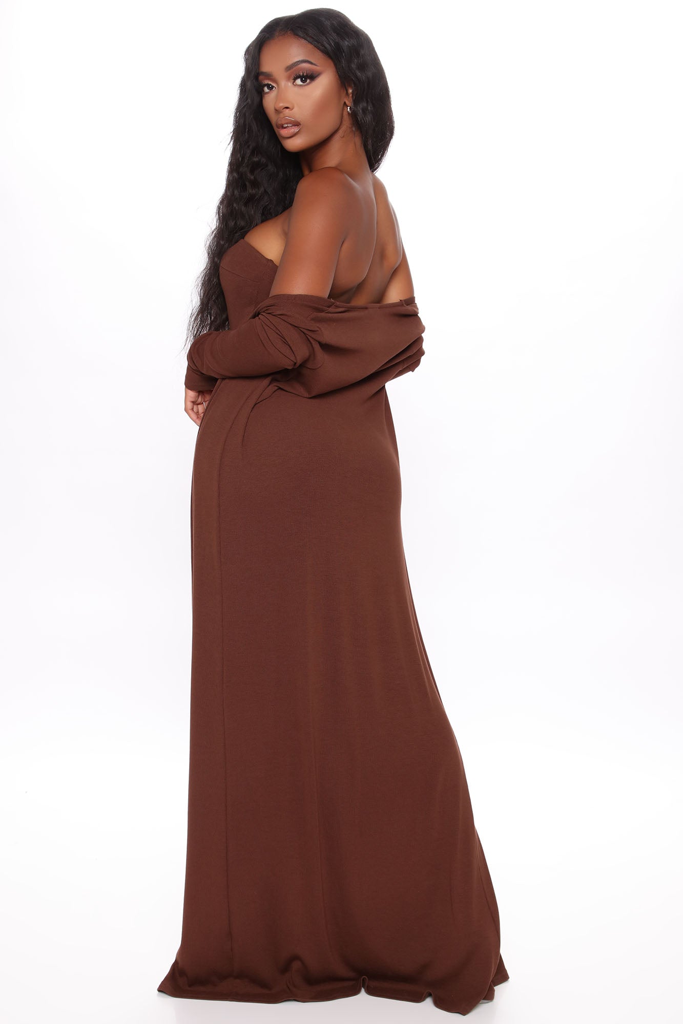Satisfied Ribbed Maxi Dress Set - Brown