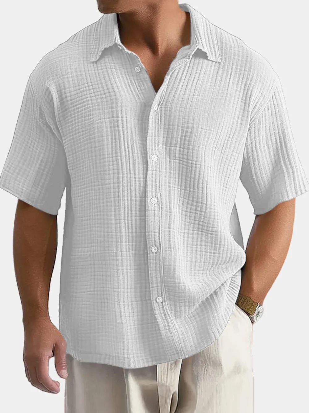 Men's Casual Summer 100% Cotton Solid Color Short Sleeve Shirt