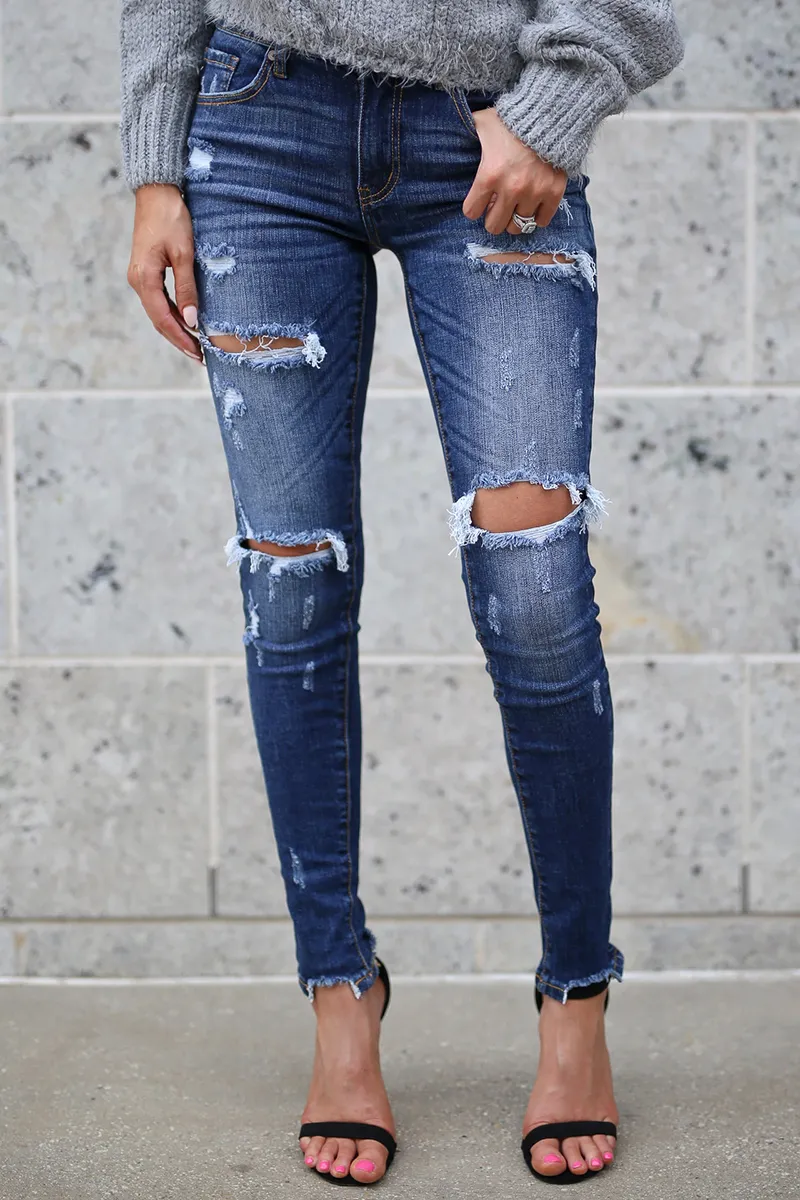 Buttoned Ripped Raw Hem Skinny Jeans
