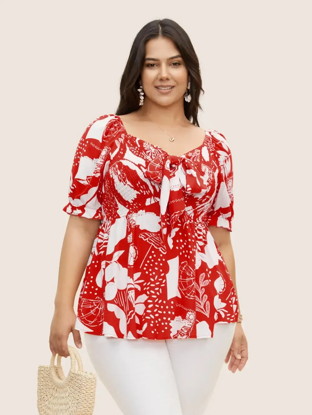 Tropical Print Bowknot Shirred Lantern Sleeve Blouse