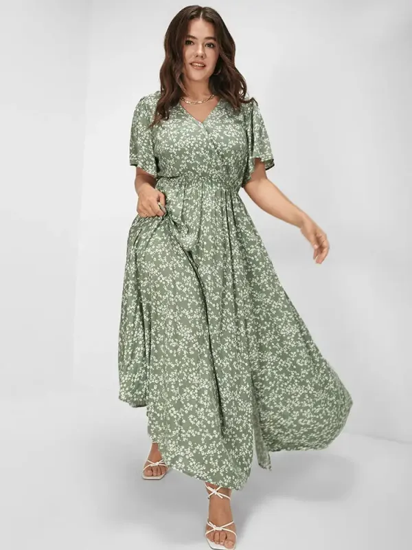 Bloom Dress - Flutter Sleeve Ditsy Floral Pocket Split Maxi Dress