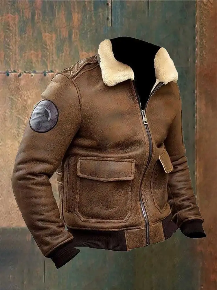 Men's Vintage Brown Leather Coat With Fur Collar