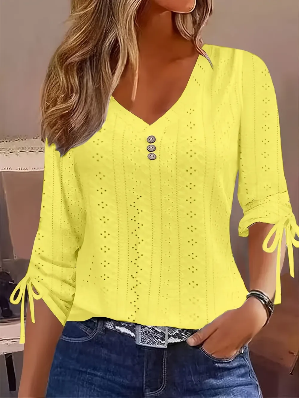 Long Sleeve Eyelet V Neck Button Casual Ruched Drawstring T-Shirt