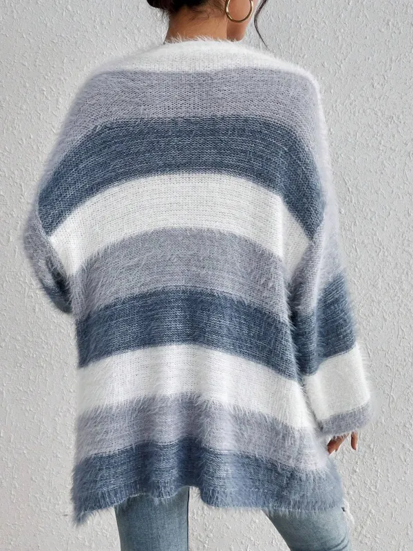 Mulvari Colorblock Drop Shoulder Open Front Fluffy Knit Duster Cardigan