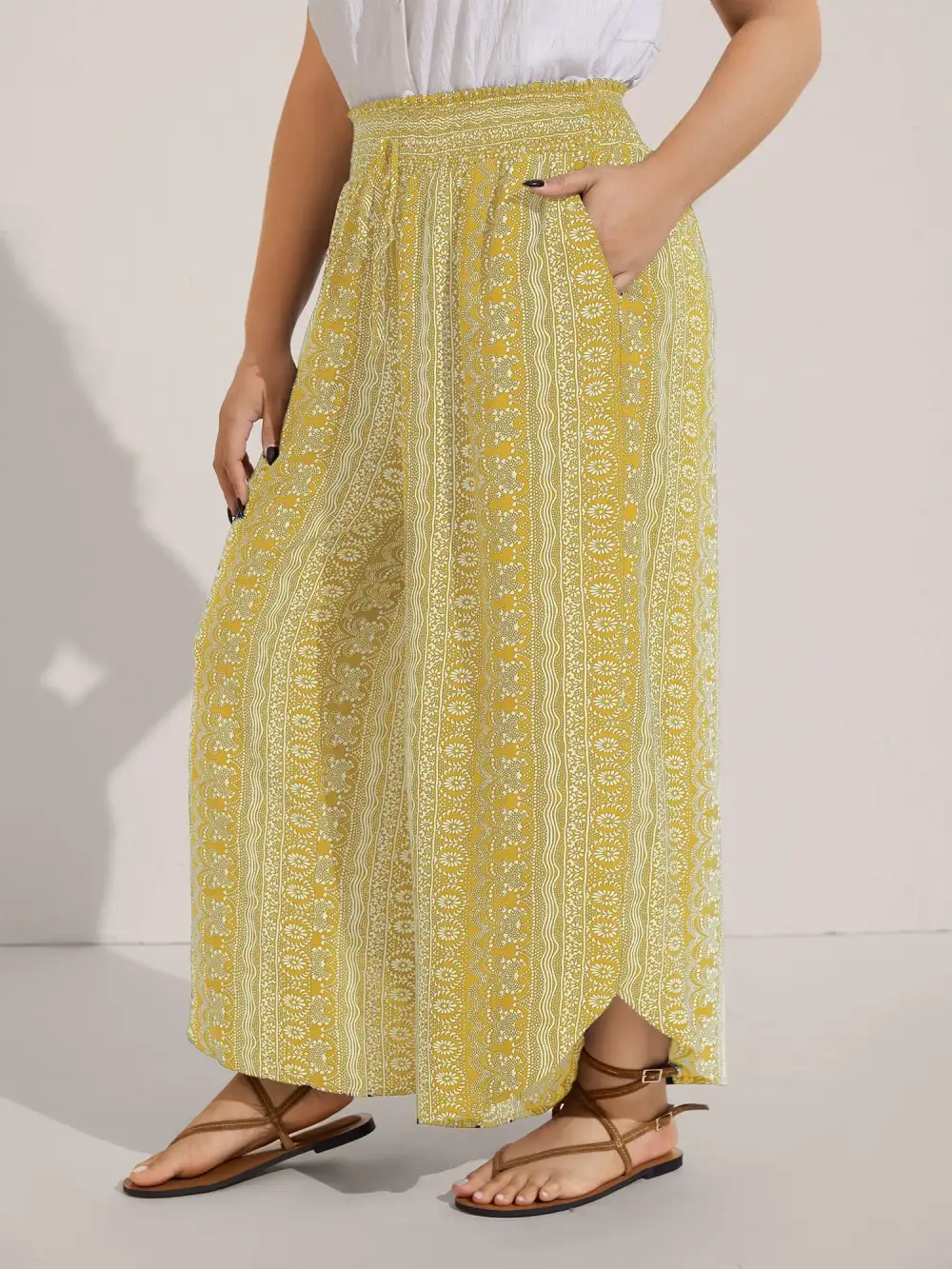 Boho Print Shirred Waist Wide-Leg Pants