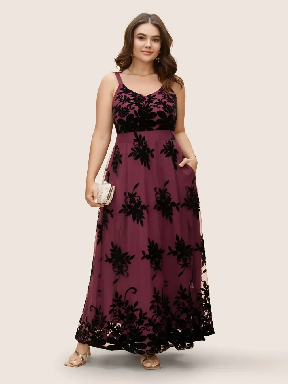 Floral Flocked Tulle Split Hem Dress