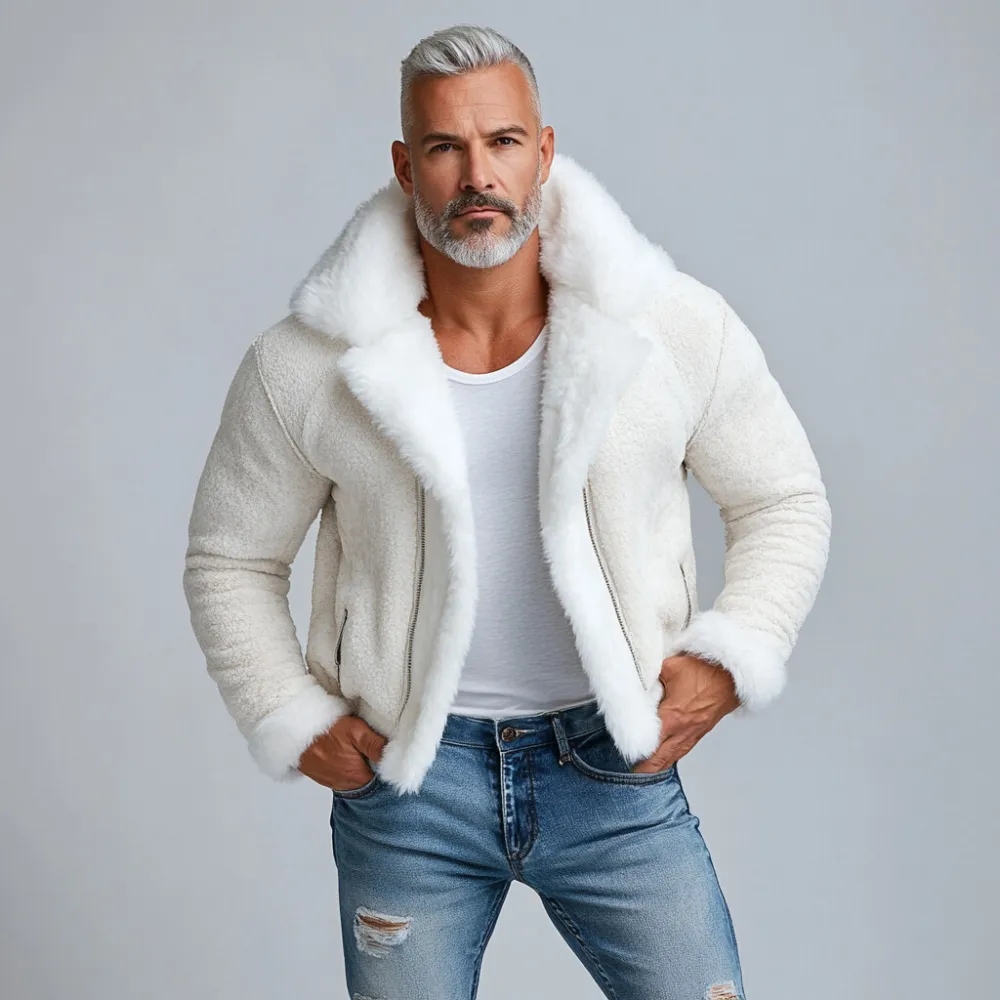 Men's Lapel Collar Zipper Plush Splicing Coat