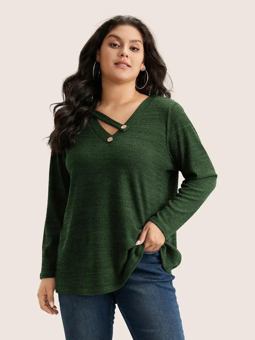 Solid Rib Knit Button Detail T-Shirt