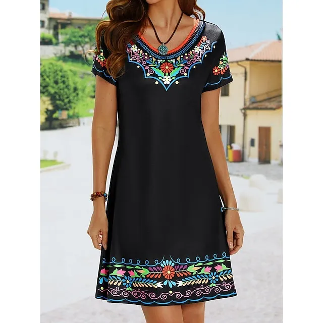 Women's Casual Dress Ethnic Dress Shift Dress Mini Dress Black White Light Green Short Sleeve Floral Print Spring Summer Crew Neck Basic Daily Vacation Loose Fit 2023 S M L XL XXL