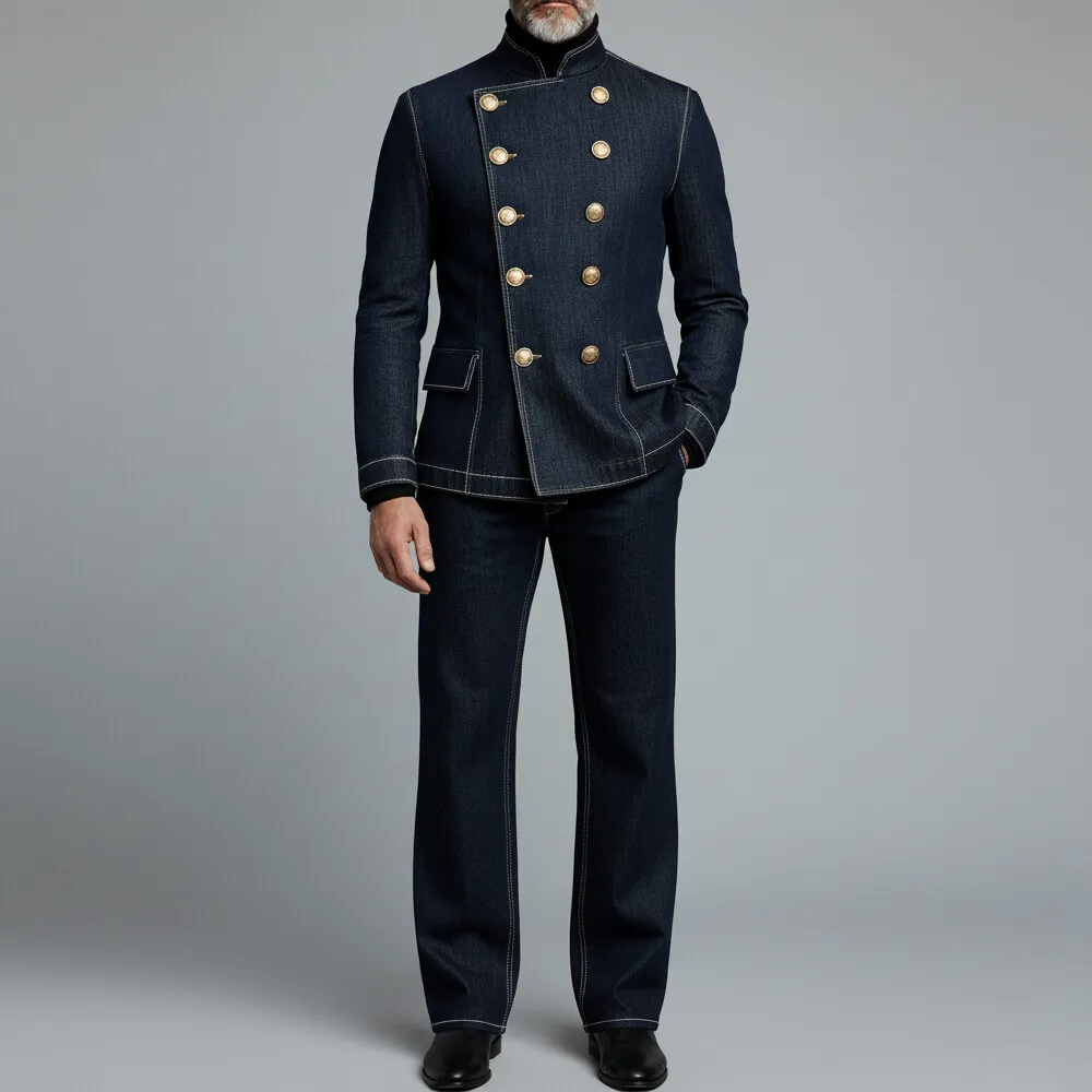 Men's Black Stand Collar Double Breasted Long Sleeve Denim Jacket & Straight Leg Jeans 2Pcs Set