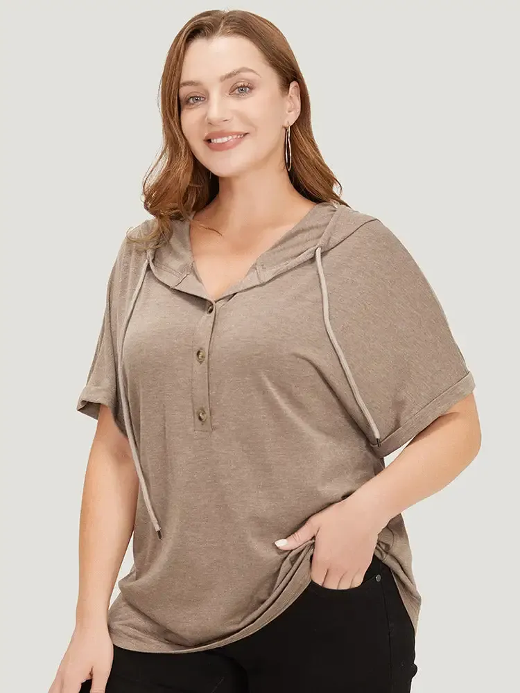 Plain Drawstring Roll Sleeve Button Up Hooded T-shirt