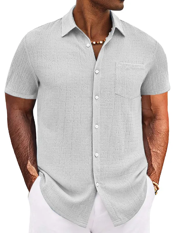 Men's Casual Simple Solid Color Texture Short-sleeved Button-down Shirt