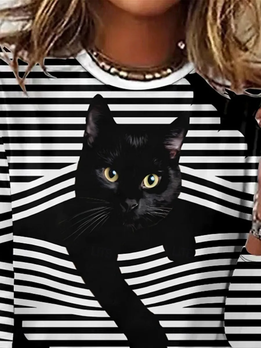Women's T shirt Crew Neck Long Sleeve Tunic Cat Striped Casual Regular Tops Daily Print Black Green Spring Fall MAO