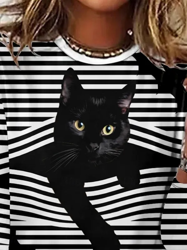 Women's T shirt Crew Neck Long Sleeve Tunic Cat Striped Casual Regular Tops Daily Print Black Green Spring Fall MAO