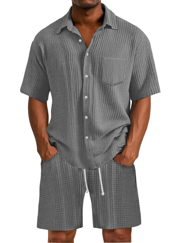 Men's Daily Wrinkled Texture Pocket Shirt Shorts Set