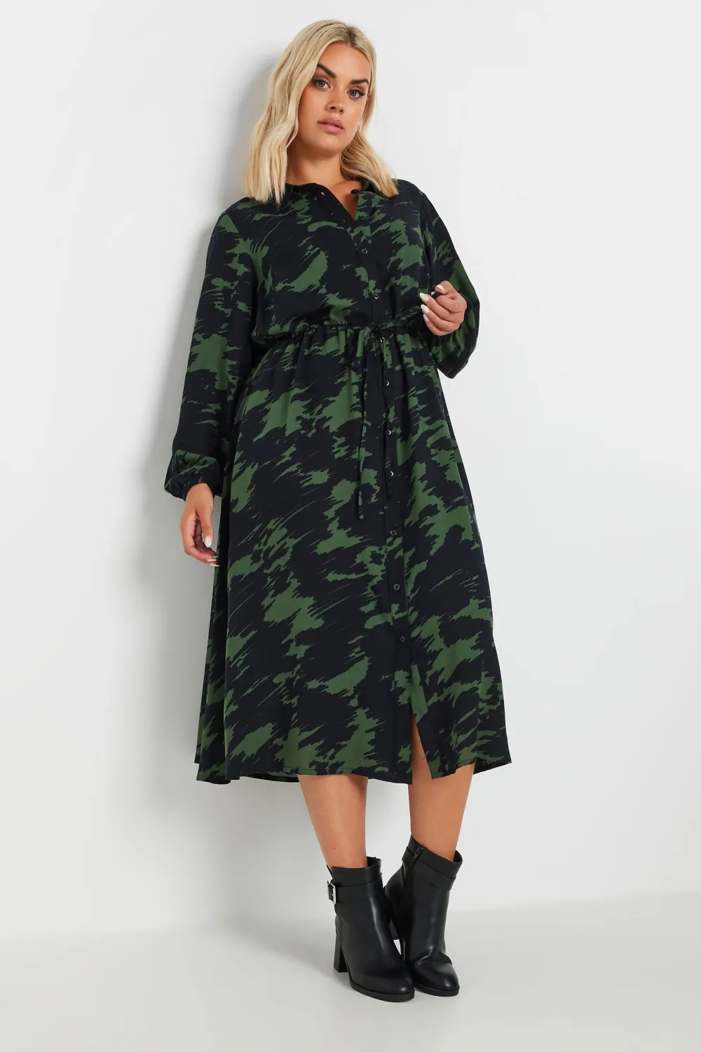 YOURS Curve Black & Green Abstract Print Shirt Dress