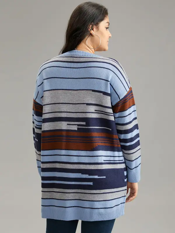 Jacquard Asymmetrical Colorblock Contrast Cardigan