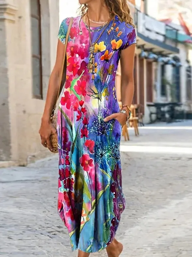 Women's Casual Dress Ethnic Dress Shift Dress Long Dress Maxi Dress Black Pink Wine Short Sleeve Floral Print Spring Summer Crew Neck Vintage Daily Vacation Weekend 2023 S M L XL XXL 3XL