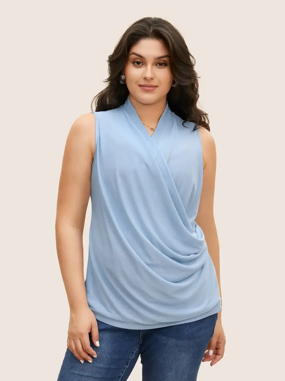 Overlap Collar Solid Pleated Tank Top