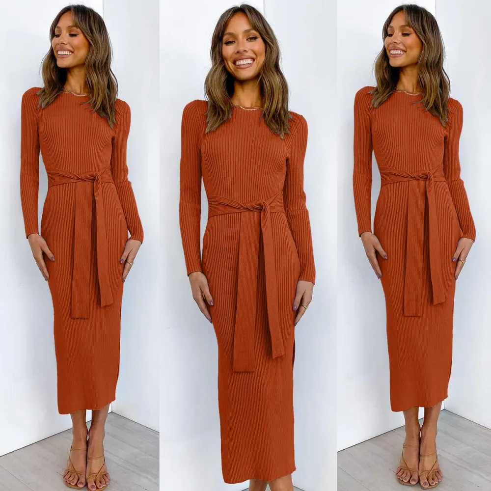 Long Sleeve Sweater Dress Crew Neck Slim Fit Slit Tie Waist 2024 Ribbed Knit Bodycon Midi Dress Fall Outfits