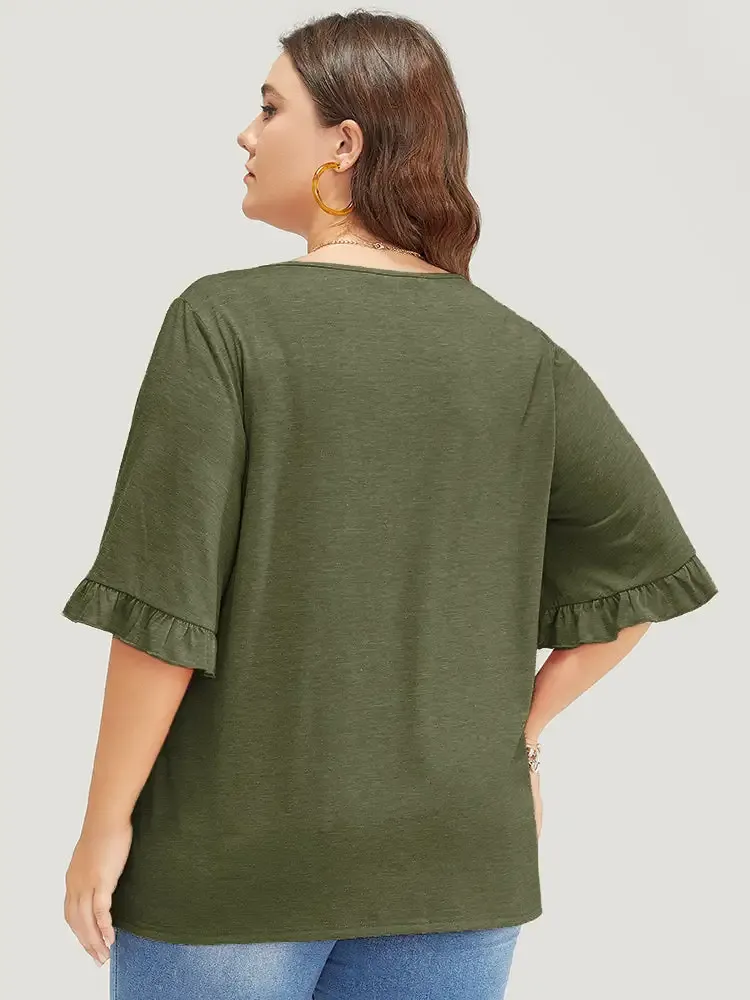 Solid Gathered Ruffle Trim Flounce Sleeve T-shirt