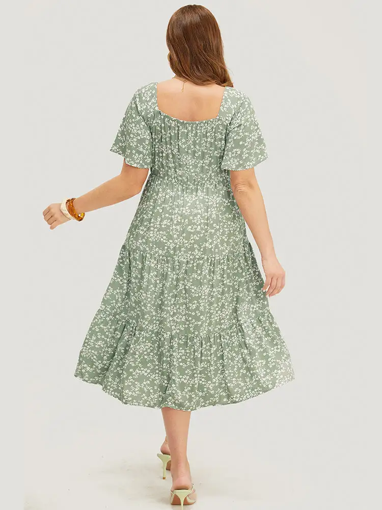 Ditsy Floral Sweetheart Drawstring Pocket Tiered Dress
