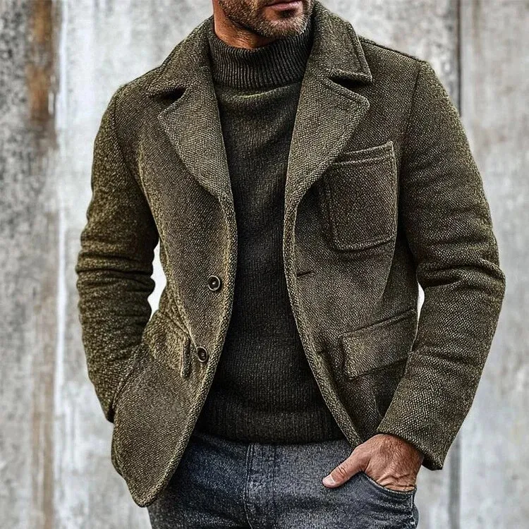 Men's Retro Army Green Tweed Single Breasted Notch Lapel Chest Pocket Long Sleeve Jacket