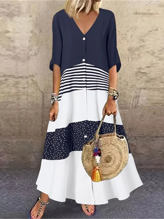 Women's Casual Dress Swing Dress Long Dress Maxi Dress Brown Half Sleeve Color Block Button Summer Spring V Neck Basic 2023 5XL