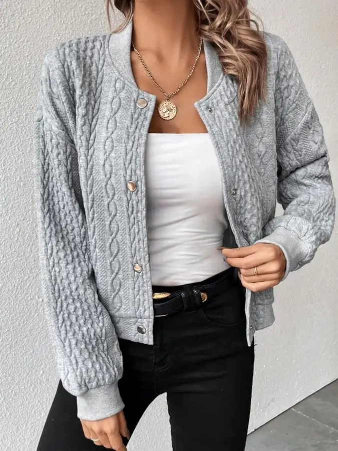 Fashion Cable Knit Button Front Sweater Baseball Jacket