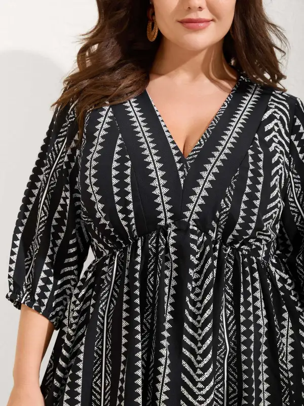 Bandana Geometric Lantern Sleeve Gathered Blouse