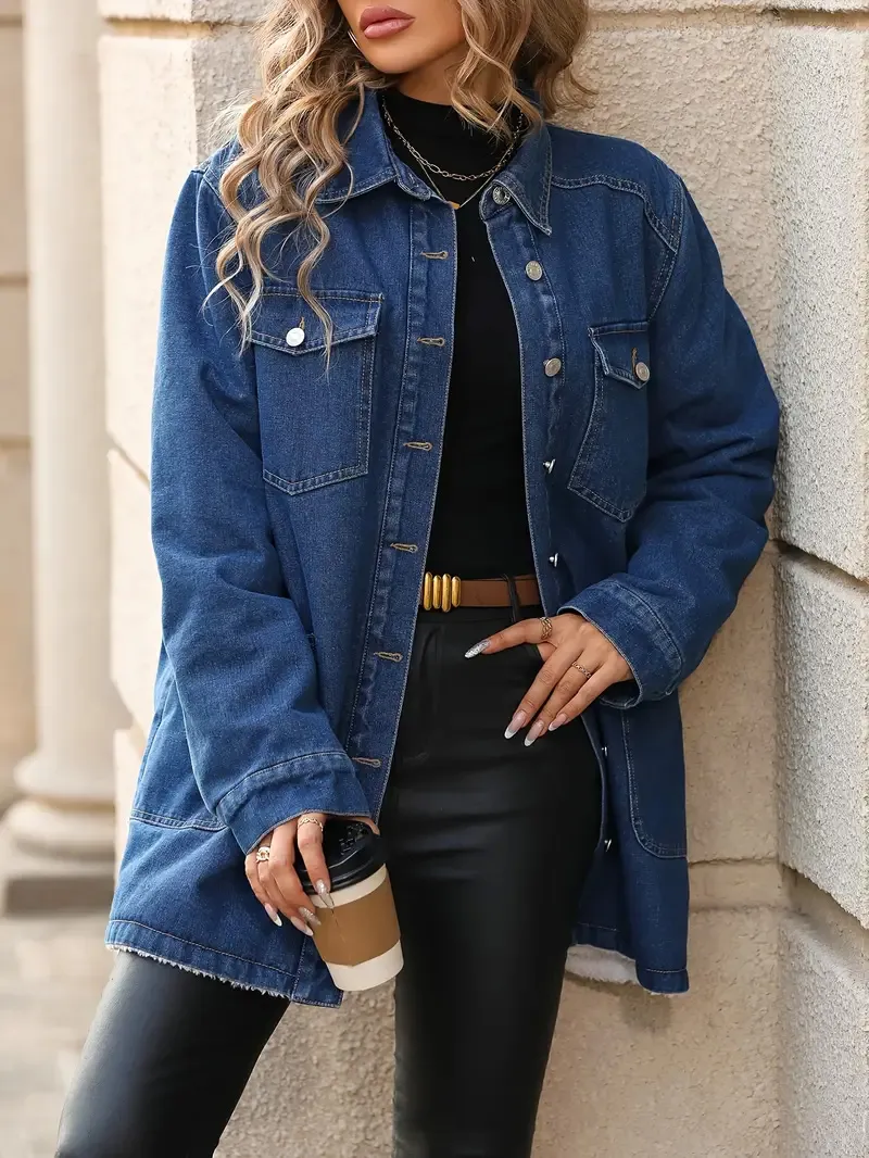 Long Sleeve Solid Color Elegant Denim Bomber Jacket with Fleece Lined Lapel, Button Closure, and Flap Pockets for Warmth