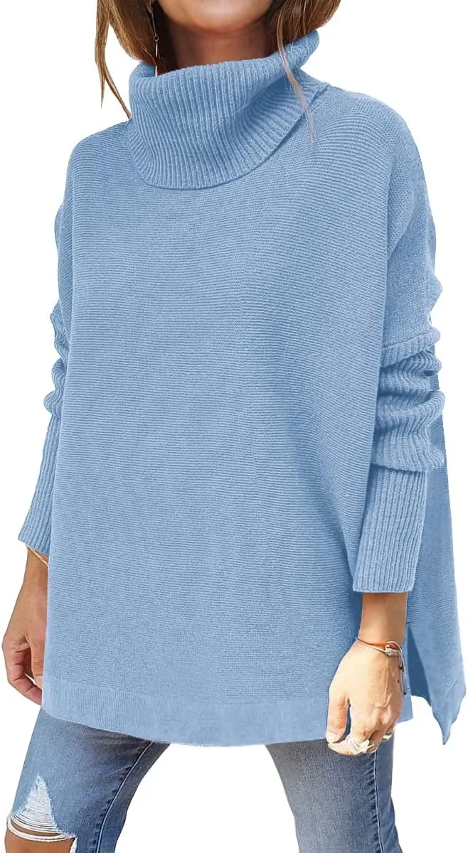Women's Turtleneck Oversized Sweaters Long Batwing Sleeve Spilt Hem Tunic Pullover Knit Tops