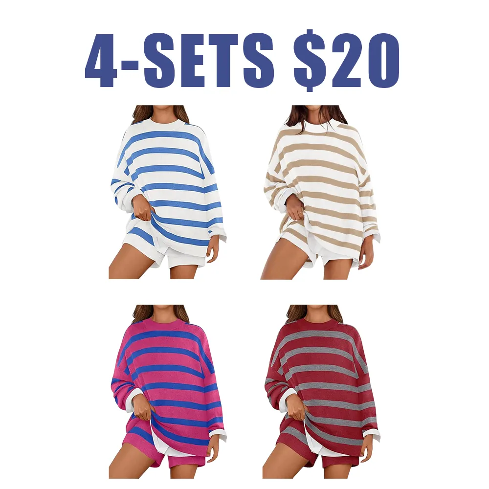 Women's 2 Piece Sweater Lounge Sets Striped Long Sleeve Shorts Oversized Matching Outfits