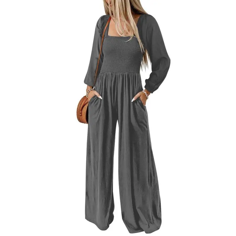 Women's Casual Loose Long Sleeve Wide Leg Jumpsuit with Pockets
