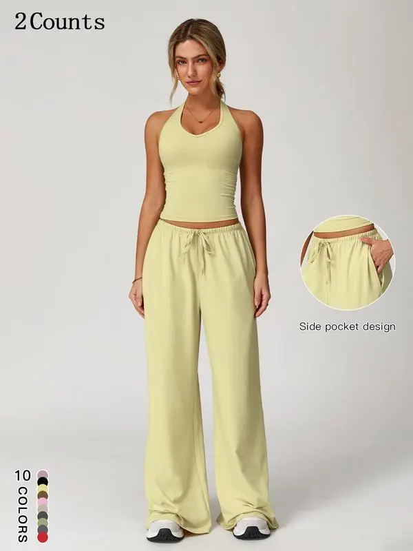Women's Summer 2 Piece Set – Sleeveless V Neck Crop Top & Wide Leg Pants, Casual Lightweight Outfit