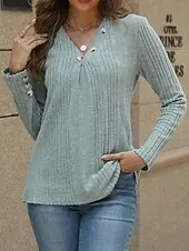 Women's T Shirt Casual Long Sleeve Regular Tops V Neck Daily Light Brown Blue Green Rose Pink Spring Fall
