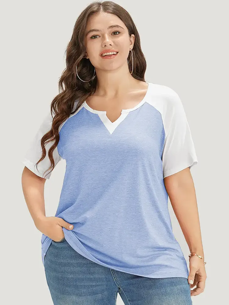 Colorblock Contrast Notched Raglan Sleeve T-shirt