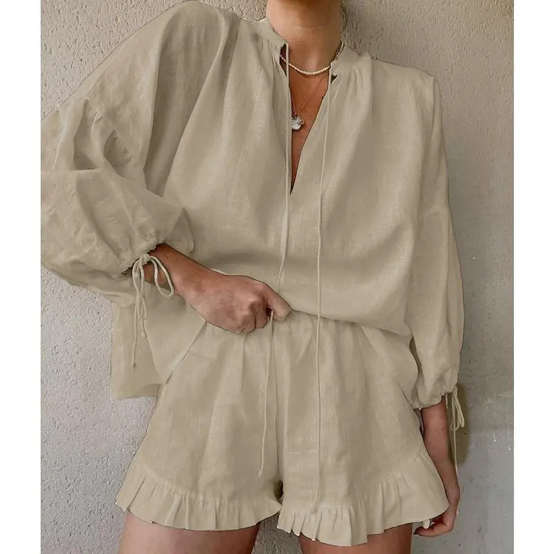 Women's Solid Color V-Neck Tie Top & Elastic Waist Shorts 2-Piece Summer Set