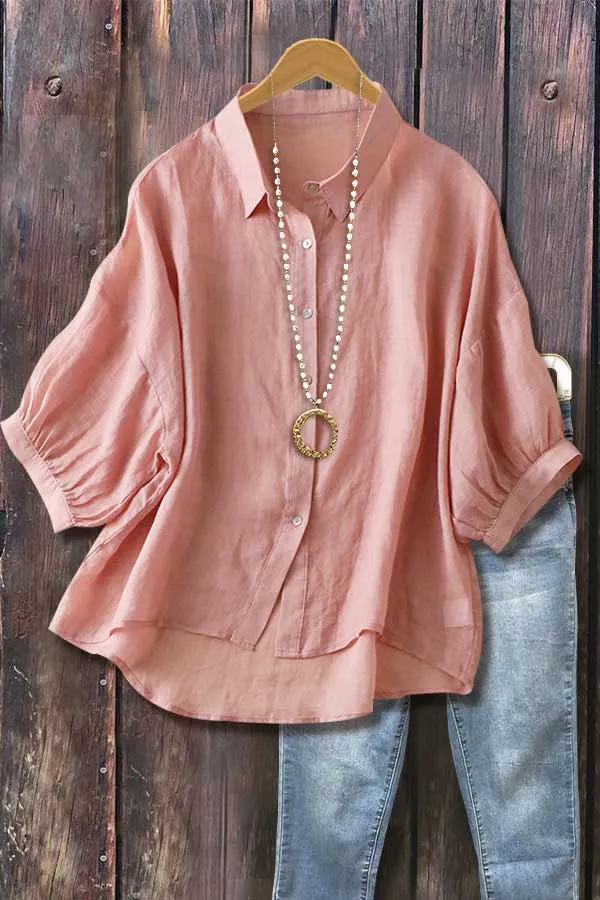 Solid Puff Sleeve Button Up Linen Blouse