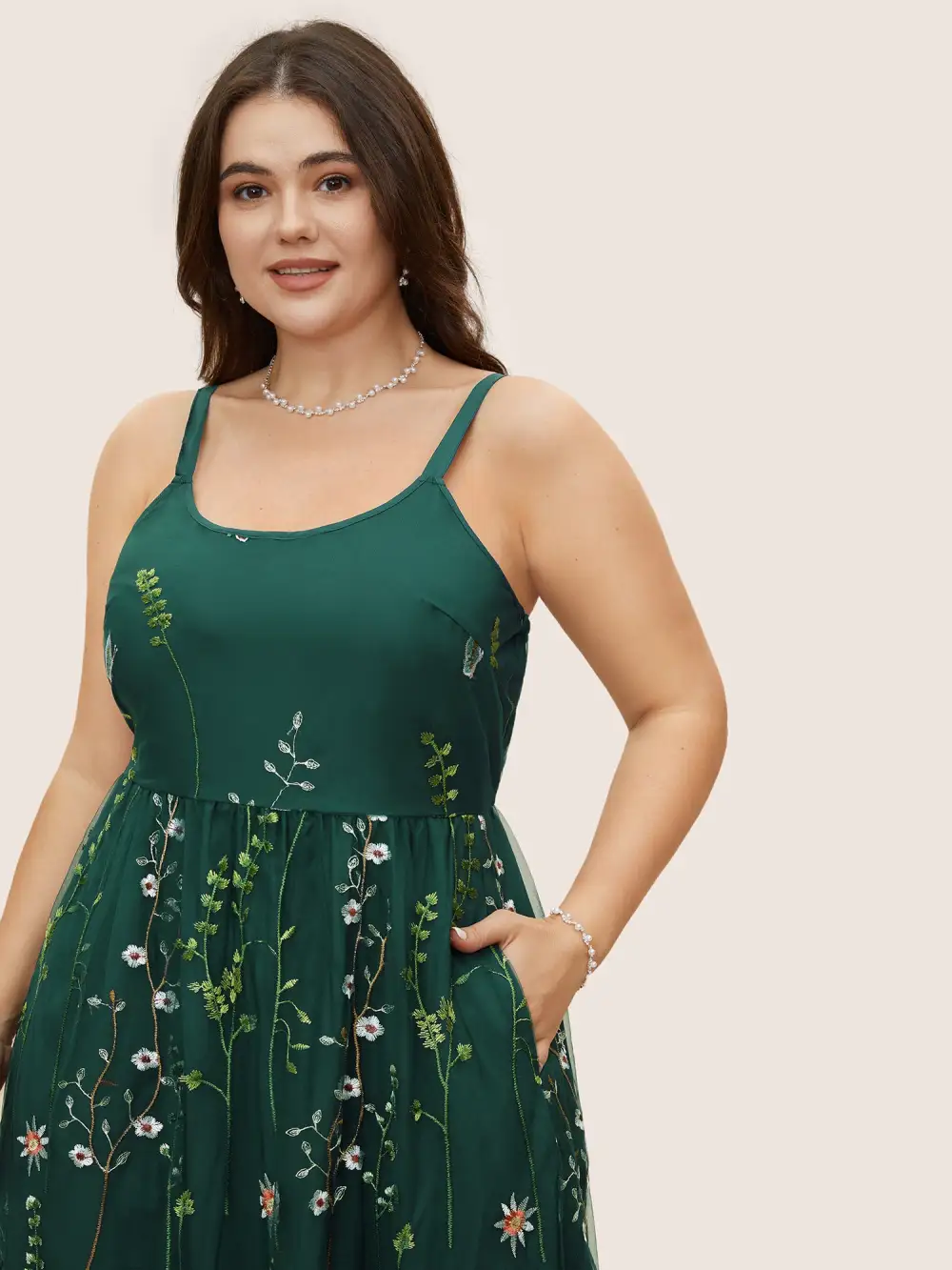 U Neck Floral Embroidered Mesh Cami Dress