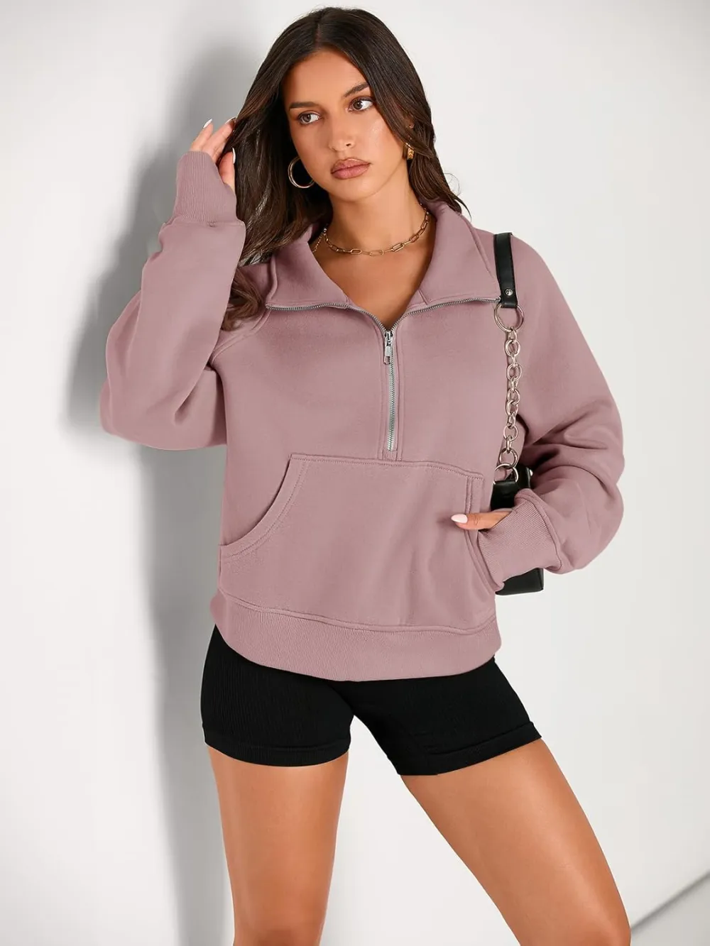 Womens Sweatshirts Half Zip Cropped Pullover Fleece Quarter Zipper Hoodies Fall outfits Clothes Thumb Hole
