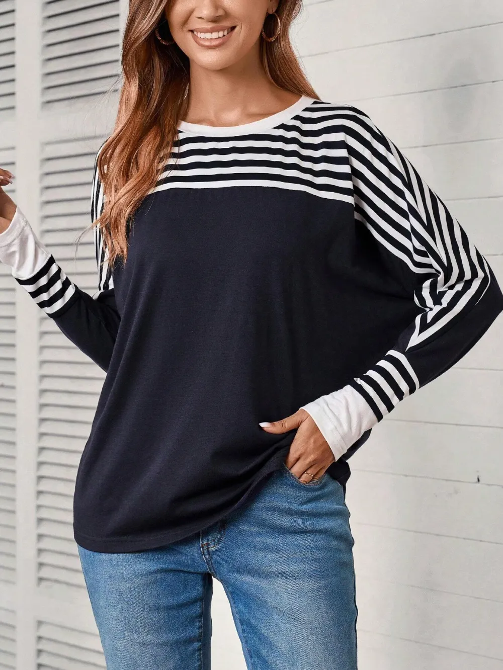 Striped Print Batwing Sleeve Tee